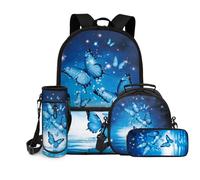 chaqlin Set di 4 borse per la scuola per ragazze, borsa termica per il pranzo, grande capacità, piccola bottiglia d'acqua, borsa da scuola per bambini, per viaggi, escursionismo, campeggio, Farfalla