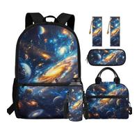 chaqlin Set di 5 borse per ragazzi con zaino per la scuola per bambini, con portapranzo, portapenne, segnalibro, portabottiglie d'acqua, Galassia Bling, Carino