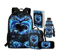 chaqlin Set di 5 borse termiche per il pranzo, per ragazze, astuccio, tasche multiple, per la scuola, per bambini, per ragazze, Coppia Delfino, Set di zaini per la scuola