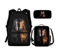 chaqlin Set di borse per la scuola per ragazzi e ragazze, set di 3 pezzi con borsa + portapranzo termico + astuccio, Cavallo, Zaino per bambini
