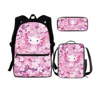 chaqlin Set di borse per la scuola per ragazzi e ragazze, set di 3 pezzi con borsa + portapranzo termico + astuccio, Axolotl Rosa, Zaino per bambini