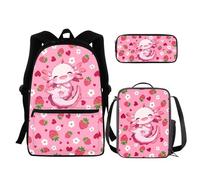 chaqlin Set di borse per la scuola per ragazzi e ragazze, set di 3 pezzi con borsa + portapranzo termico + astuccio, Axolotl alla fragola, Zaino per bambini