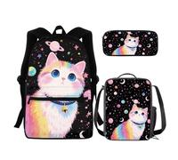 chaqlin Set di borse per la scuola per ragazzi e ragazze, set di 3 pezzi con borsa + portapranzo termico + astuccio, Galaxy Cat, Zaino per bambini