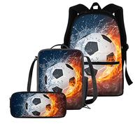 chaqlin Set di borse per la scuola per ragazzi e ragazze, set di 3 pezzi con borsa + portapranzo termico + astuccio, Pallone da calcio, Zaino per bambini