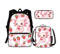 chaqlin Set di borse per la scuola per ragazzi e ragazze, set di 3 pezzi con borsa + portapranzo termico + astuccio, Fiori di ciliegio Axolotl, Zaino per bambini