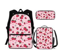 chaqlin Set di borse per la scuola per ragazzi e ragazze, set di 3 pezzi con borsa + portapranzo termico + astuccio, Fragola, Zaino per bambini
