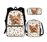 chaqlin Set di borse per la scuola per ragazzi e ragazze, set di 3 pezzi con borsa + portapranzo termico + astuccio, Yorkshire Terrier, Zaino per bambini
