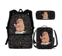 chaqlin Set di borse per la scuola per ragazzi e ragazze, set di 3 pezzi con borsa + portapranzo termico + astuccio, Stampa Capibara, Zaino per bambini