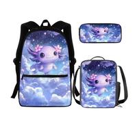 chaqlin Set di borse per la scuola per ragazzi e ragazze, set di 3 pezzi con borsa + portapranzo termico + astuccio, Carino Axolotl, Zaino per bambini