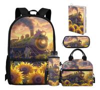 chaqlin Set di zaini per bambini con portapranzo, astuccio, portabottiglie d'acqua, copertina per libri, set da 5 pezzi, Treno Girasole, casual