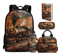 chaqlin Set di zaini per bambini, per il rientro a scuola, portapranzo, astuccio, portabottiglie d'acqua, copertina per libri, confezione da 5, Stampa treno, casual