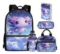 chaqlin Set di zaini per la scuola con portapranzo e astuccio, 5 pezzi, zaino per la scuola per bambini, borsa termica per il pranzo, portapenne, copertina per libri, Axolotl, casual