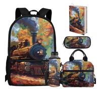 chaqlin Set di zaini per la scuola per bambini, set di borse per il pranzo, astuccio per il rientro a scuola, 5 pezzi, porta bottiglie d'acqua, copertina per libri, Stampa treno, casual