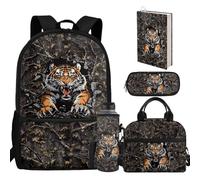 chaqlin Set di zaini per la scuola per bambini, set di borse per il pranzo, astuccio per il rientro a scuola, 5 pezzi, porta bottiglie d'acqua, copertina per libri, Tigre del ramo, casual