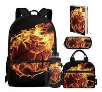 chaqlin Set di zaini per la scuola per bambini, set di borse per il pranzo, astuccio per il rientro a scuola, 5 pezzi, porta bottiglie d'acqua, copertina per libri, Basket Flame, casual