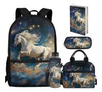 chaqlin Zainetto per bambini, borsa termica per il pranzo, portapenne, portabottiglie d'acqua, 5 pezzi, borse per la scuola elementare, Cavallo, casual
