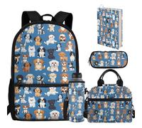 chaqlin Zainetto per bambini, borsa termica per il pranzo, portapenne, portabottiglie d'acqua, 5 pezzi, borse per la scuola elementare, Famiglia di cani, casual