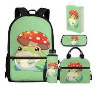 chaqlin Zainetto per bambini, borsa termica per il pranzo, portapenne, portabottiglie d'acqua, 5 pezzi, borse per la scuola elementare, Fungo Rana, casual