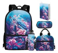 chaqlin Zainetto per bambini, borsa termica per il pranzo, portapenne, portabottiglie d'acqua, 5 pezzi, borse per la scuola elementare, Tartaruga floreale, casual