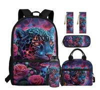 chaqlin Zainetto per bambini, per il rientro a scuola, borsa per il pranzo, set da 5 pezzi, zaino, astuccio, segnalibro, portabottiglie d'acqua, Leopard, Carino