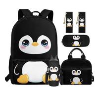 chaqlin Zainetto per bambini, per il rientro a scuola, borsa per il pranzo, set da 5 pezzi, zaino, astuccio, segnalibro, portabottiglie d'acqua, Simpatico pinguino., Carino