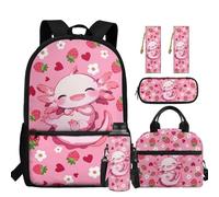 chaqlin Zainetto per bambini, per il rientro a scuola, borsa per il pranzo, set da 5 pezzi, zaino, astuccio, segnalibro, portabottiglie d'acqua, Carino Axolotl, Carino