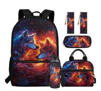 chaqlin Zainetto per bambini, per il rientro a scuola, borsa per il pranzo, set da 5 pezzi, zaino, astuccio, segnalibro, portabottiglie d'acqua, Coppia di lupi, Carino