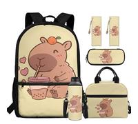 chaqlin Zainetto per bambini, per il rientro a scuola, borsa per il pranzo, set da 5 pezzi, zaino, astuccio, segnalibro, portabottiglie d'acqua, Carino Capibara, Carino
