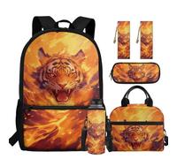 chaqlin Zainetto per bambini, per il rientro a scuola, borsa per il pranzo, set da 5 pezzi, zaino, astuccio, segnalibro, portabottiglie d'acqua, Tigre Fiamma, Carino