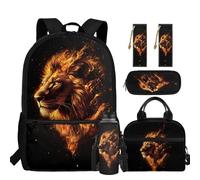 chaqlin Zainetto per bambini, per il rientro a scuola, borsa per il pranzo, set da 5 pezzi, zaino, astuccio, segnalibro, portabottiglie d'acqua, Leone, Carino