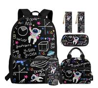 chaqlin Zainetto per bambini, per il rientro a scuola, borsa per il pranzo, set da 5 pezzi, zaino, astuccio, segnalibro, portabottiglie d'acqua, Stampa astronauta, Carino