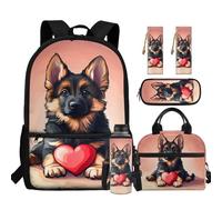chaqlin Zainetto per bambini, per il rientro a scuola, borsa per il pranzo, set da 5 pezzi, zaino, astuccio, segnalibro, portabottiglie d'acqua, Pastore tedesco, Carino