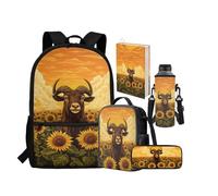 chaqlin Zaino per la scuola grande borsa per il pranzo per ragazzi e bambini astuccio per bottiglia d'acqua Custodia per libri elementari primari 5 confezioni da scuola set per ragazzi, Capra Girasole