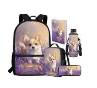chaqlin Zaino per la scuola grande borsa per il pranzo per ragazzi e bambini astuccio per bottiglia d'acqua Custodia per libri elementari primari 5 confezioni da scuola set per ragazzi, Corgi carino