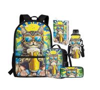 chaqlin Zaino per la scuola grande borsa per il pranzo per ragazzi e bambini astuccio per bottiglia d'acqua Custodia per libri elementari primari 5 confezioni da scuola set per ragazzi, Gatto fresco