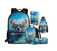 chaqlin Zaino per la scuola grande borsa per il pranzo per ragazzi e bambini astuccio per bottiglia d'acqua Custodia per libri elementari primari 5 confezioni da scuola set per ragazzi, Gatto carino