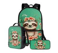 chaqlin Zaino per ragazze e ragazzi, set di zaini con portapranzo termico, set di 3 articoli per la scuola materna elementare, Bradipo Fiore, Zaino per bambini