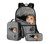 chaqlin Zaino per ragazze e ragazzi, set di zaini con portapranzo termico, set di 3 articoli per la scuola materna elementare, Criceto Animale, Zaino per bambini