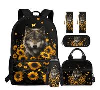 chaqlin Zaino per ragazzi Borsa per la scuola Borsa termica per il pranzo Grande Astuccio 5 Pezzi Bookbags Set Portabottiglie D'acqua Segnalibro, Lupo Girasole, Carino