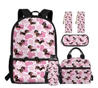 chaqlin Zaino per ragazzi Borsa per la scuola Borsa termica per il pranzo Grande Astuccio 5 Pezzi Bookbags Set Portabottiglie D'acqua Segnalibro, Stampa mucca bassotto, Carino