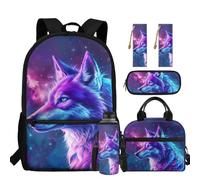 chaqlin Zaino per ragazzi Borsa per la scuola Borsa termica per il pranzo Grande Astuccio 5 Pezzi Bookbags Set Portabottiglie D'acqua Segnalibro, Galaxy Wolf, Carino