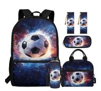 chaqlin Zaino per ragazzi Borsa per la scuola Borsa termica per il pranzo Grande Astuccio 5 Pezzi Bookbags Set Portabottiglie D'acqua Segnalibro, Calcio Fiamma, Carino