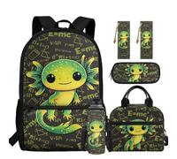 chaqlin Zaino per ragazzi Borsa per la scuola Borsa termica per il pranzo Grande Astuccio 5 Pezzi Bookbags Set Portabottiglie D'acqua Segnalibro, Stampa Axolotl, Carino