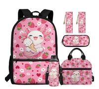 chaqlin Zaino per ragazzi Borsa per la scuola Borsa termica per il pranzo Grande Astuccio 5 Pezzi Bookbags Set Portabottiglie D'acqua Segnalibro, Axolotl Fragola, Carino