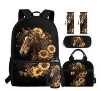chaqlin Zaino per ragazzi Borsa per la scuola Borsa termica per il pranzo Grande Astuccio 5 Pezzi Bookbags Set Portabottiglie D'acqua Segnalibro, Cavallo di girasole, Carino