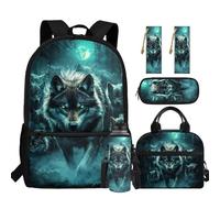 chaqlin Zaino per ragazzi Borsa per la scuola Borsa termica per il pranzo Grande Astuccio 5 Pezzi Bookbags Set Portabottiglie D'acqua Segnalibro, Famiglia lupo, Carino