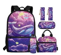 chaqlin Zaino per ragazzi Borsa per la scuola Borsa termica per il pranzo Grande Astuccio 5 Pezzi Bookbags Set Portabottiglie D'acqua Segnalibro, Graziosa balena., Carino