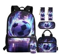 chaqlin Zaino per ragazzi Borsa per la scuola Borsa termica per il pranzo Grande Astuccio 5 Pezzi Bookbags Set Portabottiglie D'acqua Segnalibro, Stampa calcio, Carino