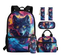 chaqlin Zaino per ragazzi Borsa per la scuola Borsa termica per il pranzo Grande Astuccio 5 Pezzi Bookbags Set Portabottiglie D'acqua Segnalibro, Lupo abbagliante, Carino