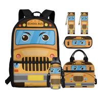 chaqlin Zaino per ragazzi Borsa per la scuola Borsa termica per il pranzo Grande Astuccio 5 Pezzi Bookbags Set Portabottiglie D'acqua Segnalibro, Bus scolastico, Carino